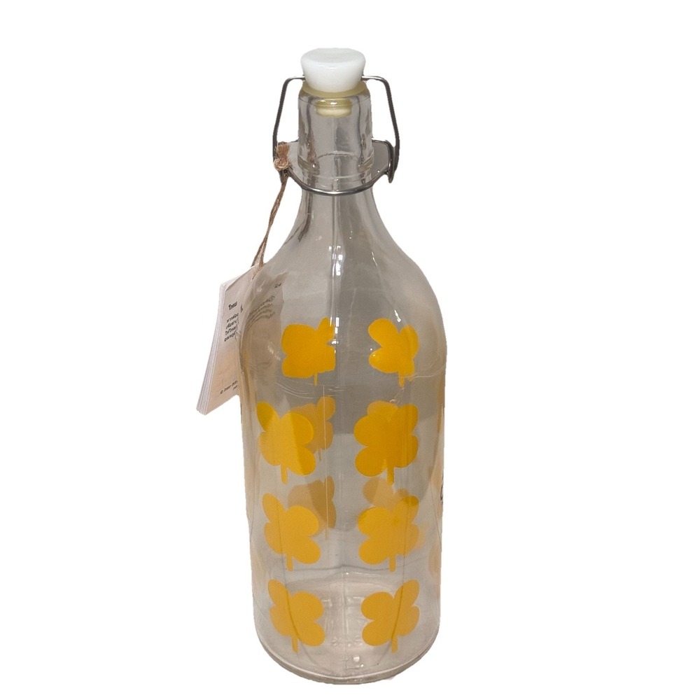 IKEA Sommar Bottle‎ With Stopper Top Clear Glass Yellow Shamrock Pattern 1 L New